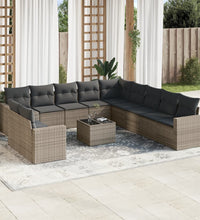 12-tlg. Garten-Sofagarnitur mit Kissen Grau Poly Rattan