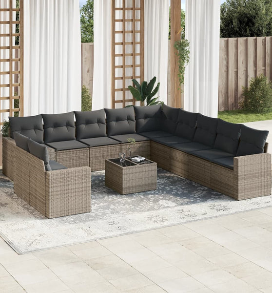 12-tlg. Garten-Sofagarnitur mit Kissen Grau Poly Rattan