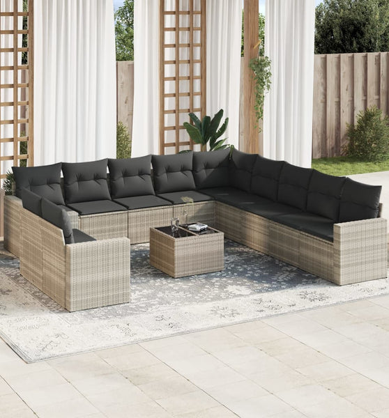 12-tlg. Garten-Sofagarnitur mit Kissen Hellgrau Poly Rattan