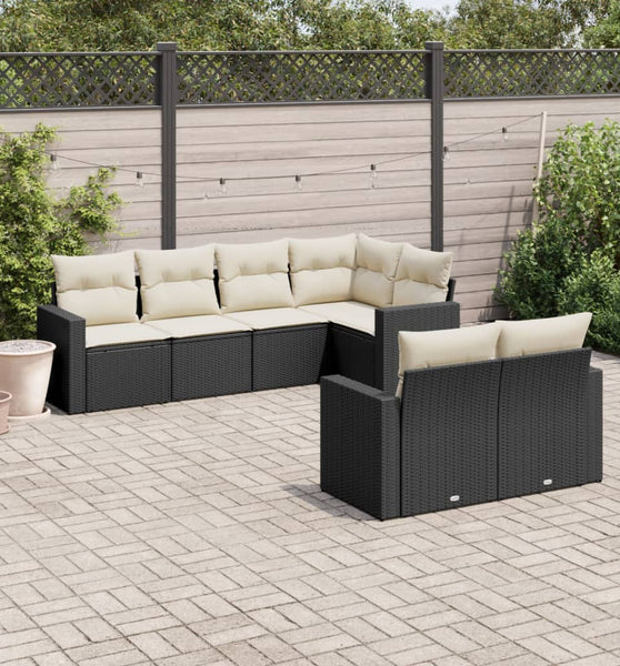 7-tlg. Garten-Sofagarnitur mit Kissen Schwarz Poly Rattan