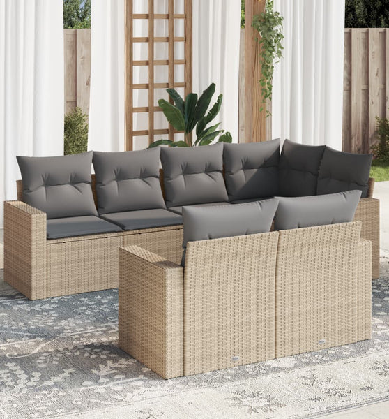 7-tlg. Garten-Sofagarnitur mit Kissen Beige Poly Rattan