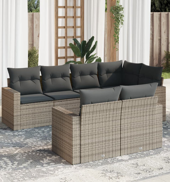 7-tlg. Garten-Sofagarnitur mit Kissen Grau Poly Rattan