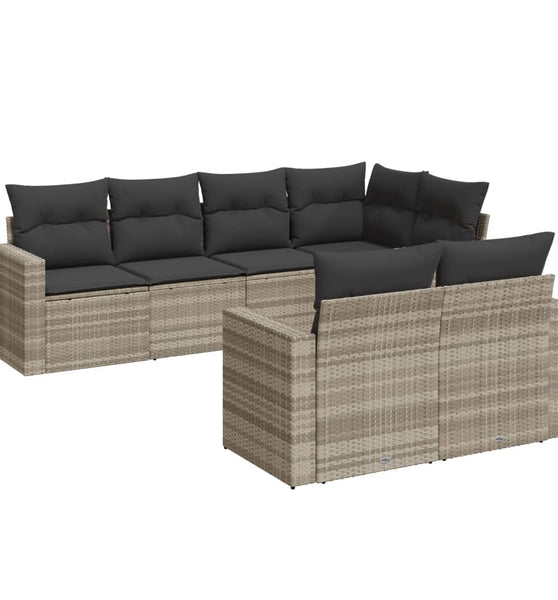 7-tlg. Garten-Sofagarnitur mit Kissen Hellgrau Poly Rattan