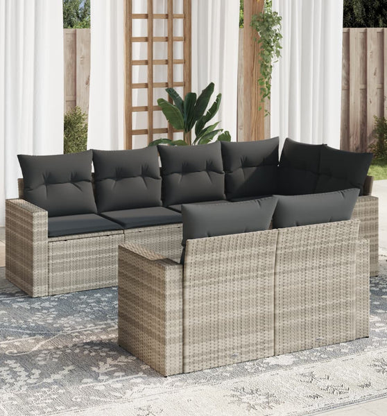 7-tlg. Garten-Sofagarnitur mit Kissen Hellgrau Poly Rattan