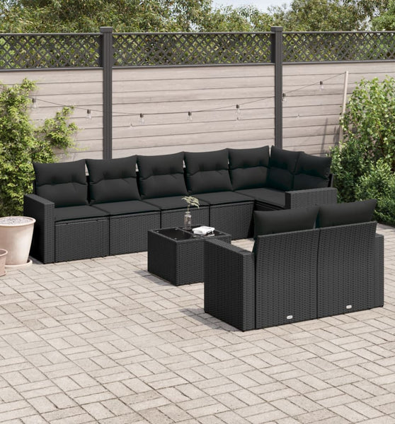 9-tlg. Garten-Sofagarnitur mit Kissen Schwarz Poly Rattan