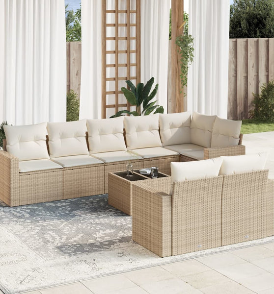 9-tlg. Garten-Sofagarnitur mit Kissen Beige Poly Rattan