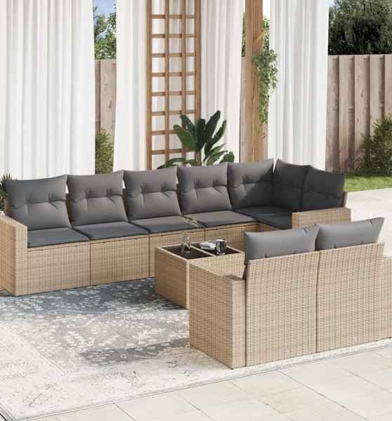 9-tlg. Garten-Sofagarnitur mit Kissen Beige Poly Rattan