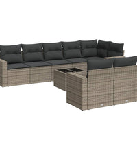 9-tlg. Garten-Sofagarnitur mit Kissen Grau Poly Rattan