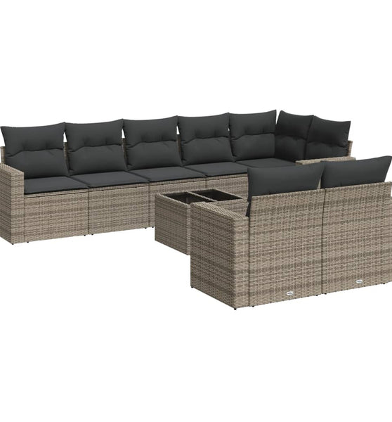 9-tlg. Garten-Sofagarnitur mit Kissen Grau Poly Rattan
