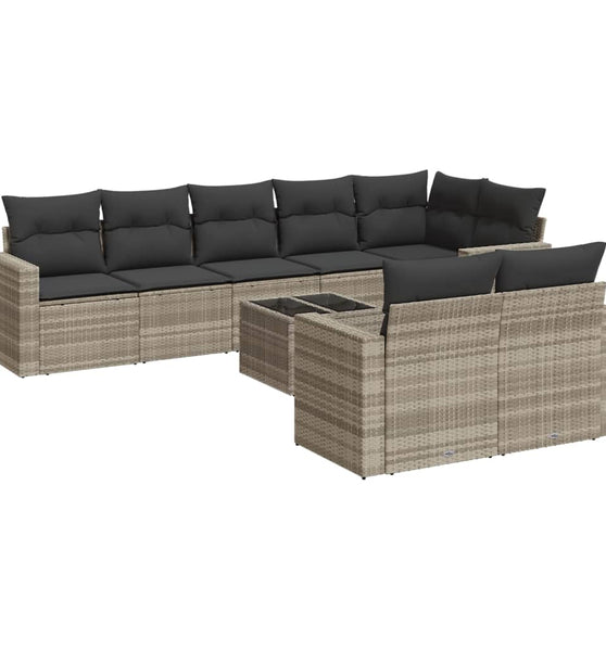 9-tlg. Garten-Sofagarnitur mit Kissen Hellgrau Poly Rattan