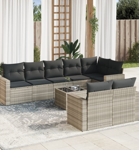 9-tlg. Garten-Sofagarnitur mit Kissen Hellgrau Poly Rattan