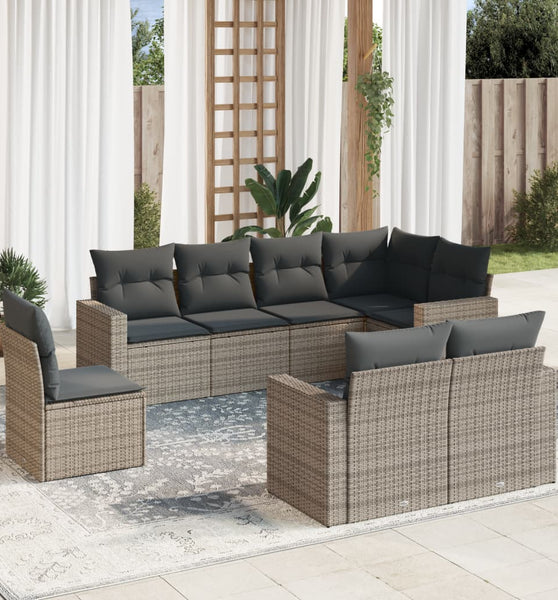 8-tlg. Garten-Sofagarnitur mit Kissen Grau Poly Rattan