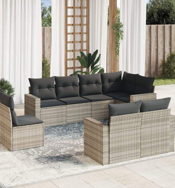 8-tlg. Garten-Sofagarnitur mit Kissen Hellgrau Poly Rattan