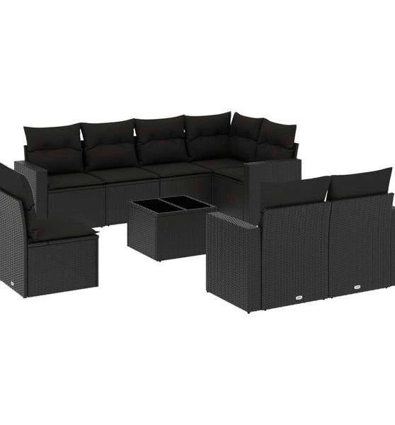 9-tlg. Garten-Sofagarnitur mit Kissen Schwarz Poly Rattan