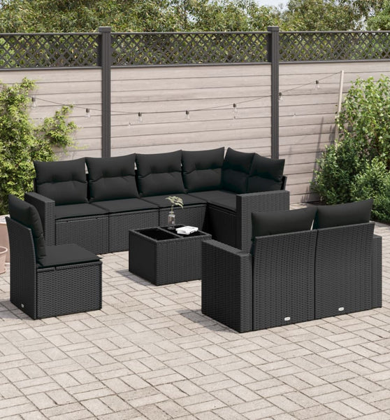 9-tlg. Garten-Sofagarnitur mit Kissen Schwarz Poly Rattan