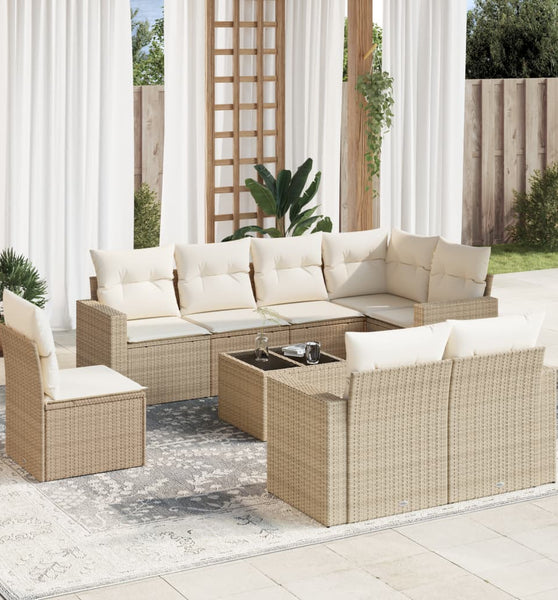 9-tlg. Garten-Sofagarnitur mit Kissen Beige Poly Rattan