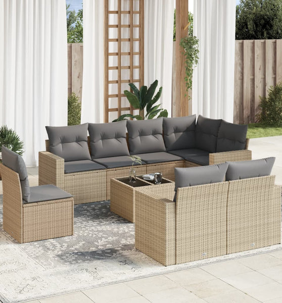 9-tlg. Garten-Sofagarnitur mit Kissen Beige Poly Rattan