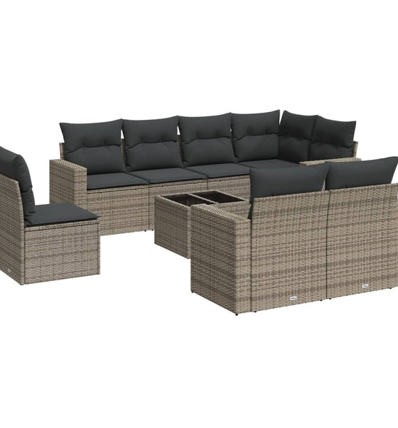 9-tlg. Garten-Sofagarnitur mit Kissen Grau Poly Rattan