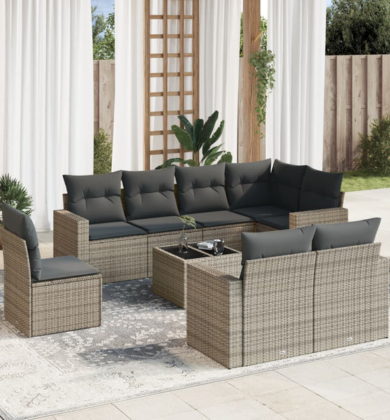 9-tlg. Garten-Sofagarnitur mit Kissen Grau Poly Rattan