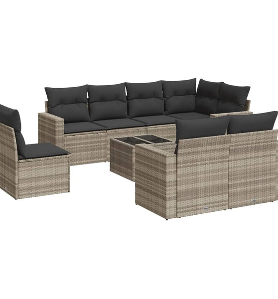 9-tlg. Garten-Sofagarnitur mit Kissen Hellgrau Poly Rattan