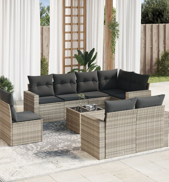 9-tlg. Garten-Sofagarnitur mit Kissen Hellgrau Poly Rattan