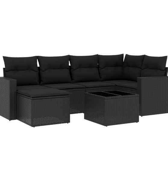 7-tlg. Garten-Sofagarnitur mit Kissen Schwarz Poly Rattan
