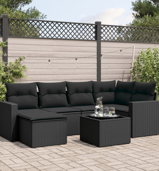 7-tlg. Garten-Sofagarnitur mit Kissen Schwarz Poly Rattan