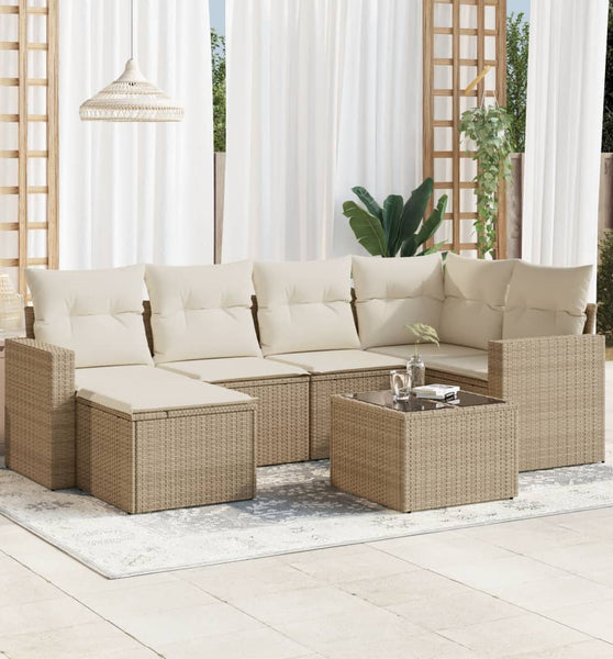 7-tlg. Garten-Sofagarnitur mit Kissen Beige Poly Rattan