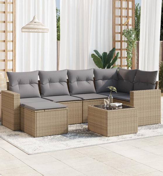 7-tlg. Garten-Sofagarnitur mit Kissen Beige Poly Rattan