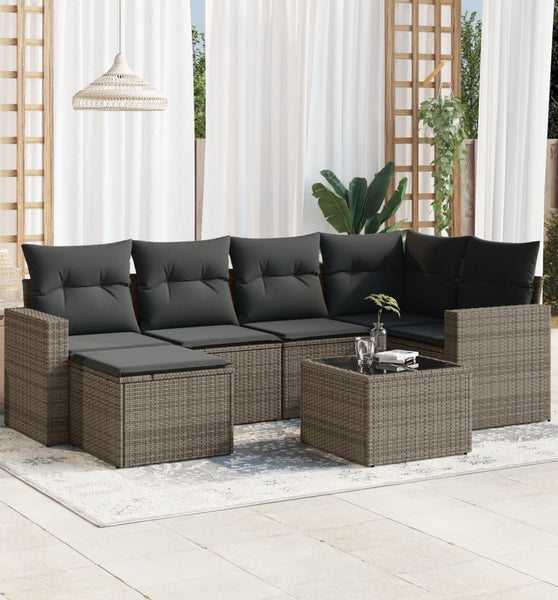 7-tlg. Garten-Sofagarnitur mit Kissen Grau Poly Rattan