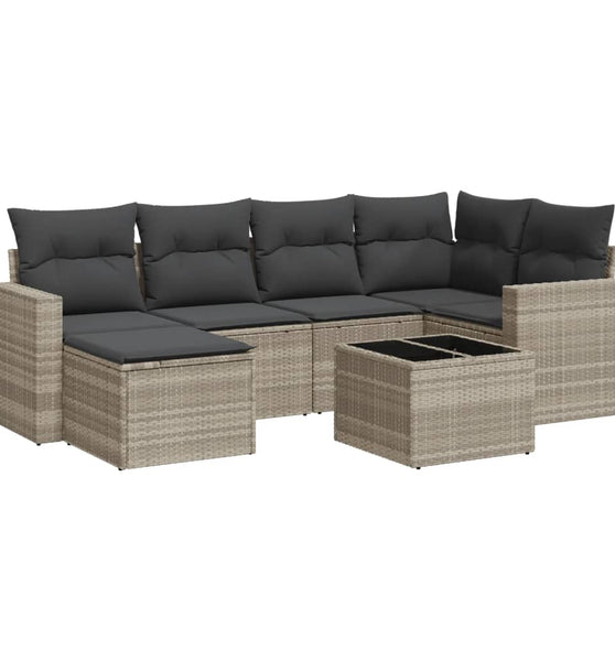 7-tlg. Garten-Sofagarnitur mit Kissen Hellgrau Poly Rattan