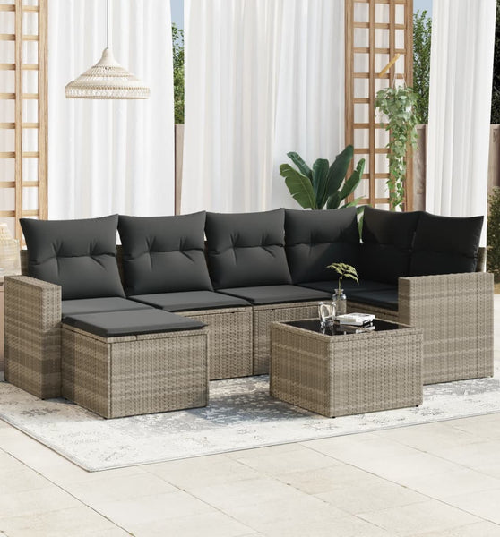7-tlg. Garten-Sofagarnitur mit Kissen Hellgrau Poly Rattan