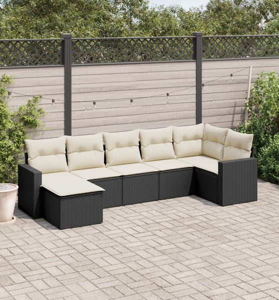 7-tlg. Garten-Sofagarnitur mit Kissen Schwarz Poly Rattan