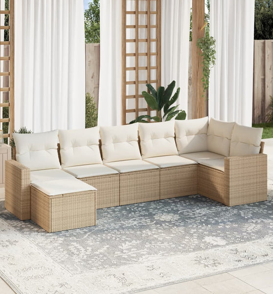 7-tlg. Garten-Sofagarnitur mit Kissen Beige Poly Rattan