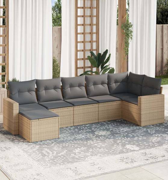 7-tlg. Garten-Sofagarnitur mit Kissen Beige Poly Rattan