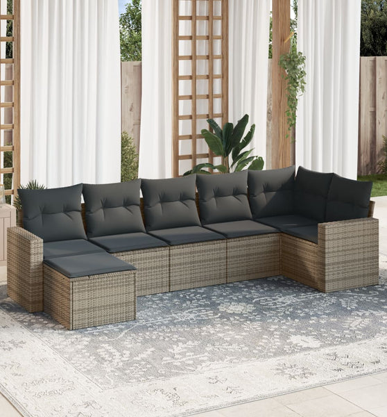 7-tlg. Garten-Sofagarnitur mit Kissen Grau Poly Rattan