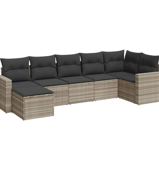 7-tlg. Garten-Sofagarnitur mit Kissen Hellgrau Poly Rattan