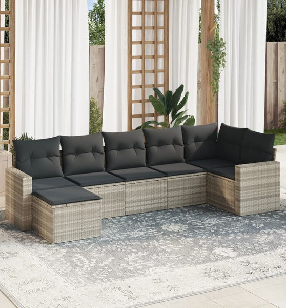 7-tlg. Garten-Sofagarnitur mit Kissen Hellgrau Poly Rattan