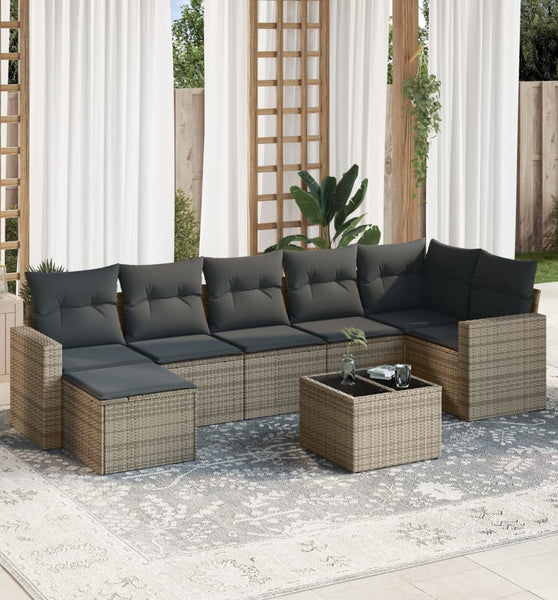 8-tlg. Garten-Sofagarnitur mit Kissen Grau Poly Rattan