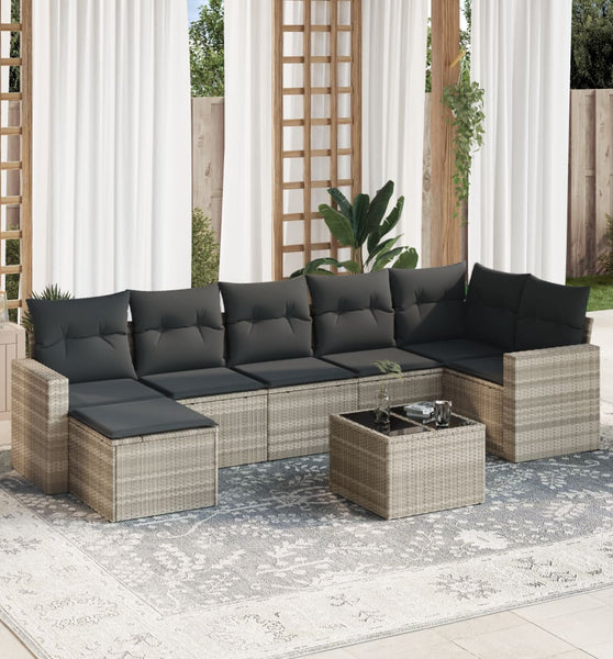 8-tlg. Garten-Sofagarnitur mit Kissen Hellgrau Poly Rattan