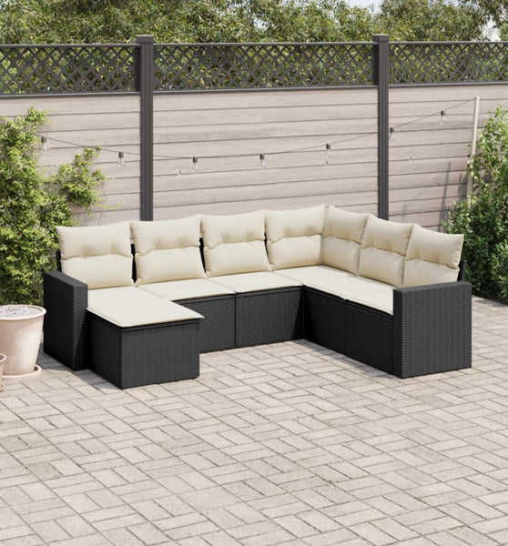 7-tlg. Garten-Sofagarnitur mit Kissen Schwarz Poly Rattan