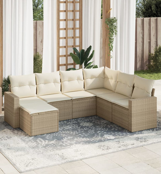 7-tlg. Garten-Sofagarnitur mit Kissen Beige Poly Rattan