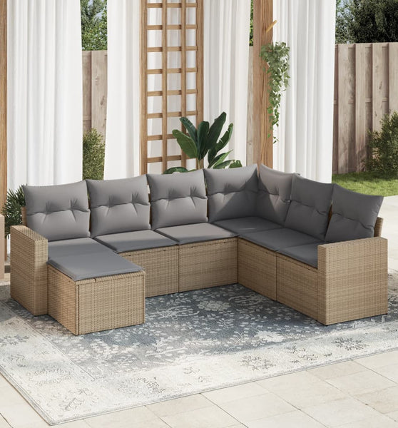 7-tlg. Garten-Sofagarnitur mit Kissen Beige Poly Rattan
