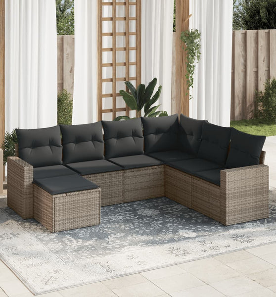 7-tlg. Garten-Sofagarnitur mit Kissen Grau Poly Rattan