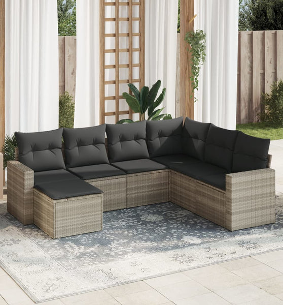 7-tlg. Garten-Sofagarnitur mit Kissen Hellgrau Poly Rattan