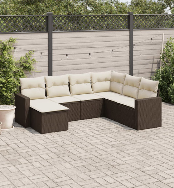 7-tlg. Garten-Sofagarnitur mit Kissen Braun Poly Rattan