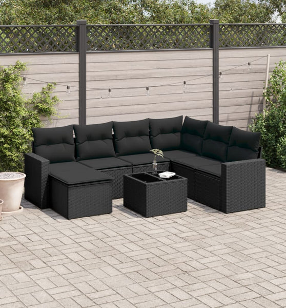 8-tlg. Garten-Sofagarnitur mit Kissen Schwarz Poly Rattan