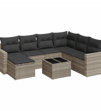 8-tlg. Garten-Sofagarnitur mit Kissen Hellgrau Poly Rattan