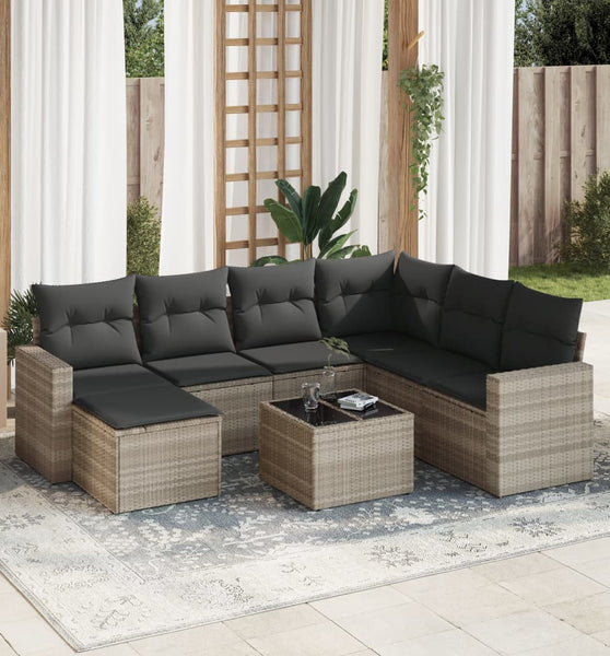 8-tlg. Garten-Sofagarnitur mit Kissen Hellgrau Poly Rattan