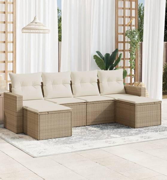 6-tlg. Garten-Sofagarnitur mit Kissen Beige Poly Rattan